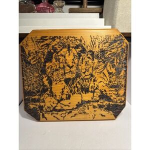 Vintage Wood Burned Lion Pride Wall Art Octagon Pyrography Plaque Wildlife Decor